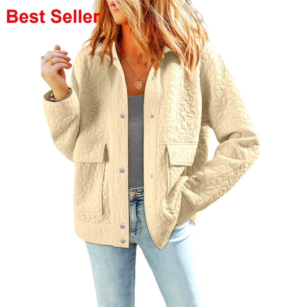Casual Jacquard Shacket Jacket Long Sleeve Button Down With Pockets